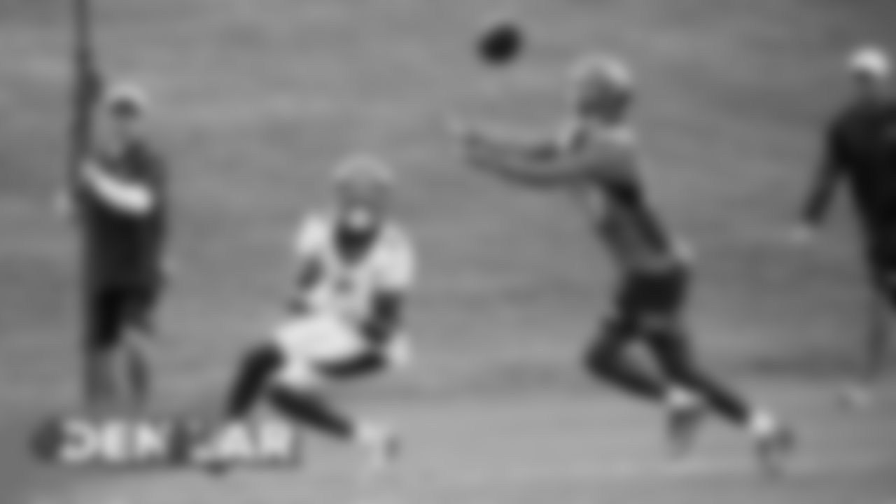 Trey Johnson makes an interception during practice on August 21, 2019 at UCHealth Training Center.
