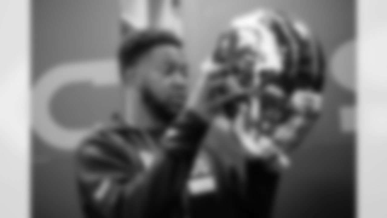 Kary Vincent Jr. gets fitted for a helmet, cleats, shoulder pads and other equipment along with other rookies ahead of their minicamp at UCHealth Training Center on May 12, 2021. (Photo by Ben Swanson)