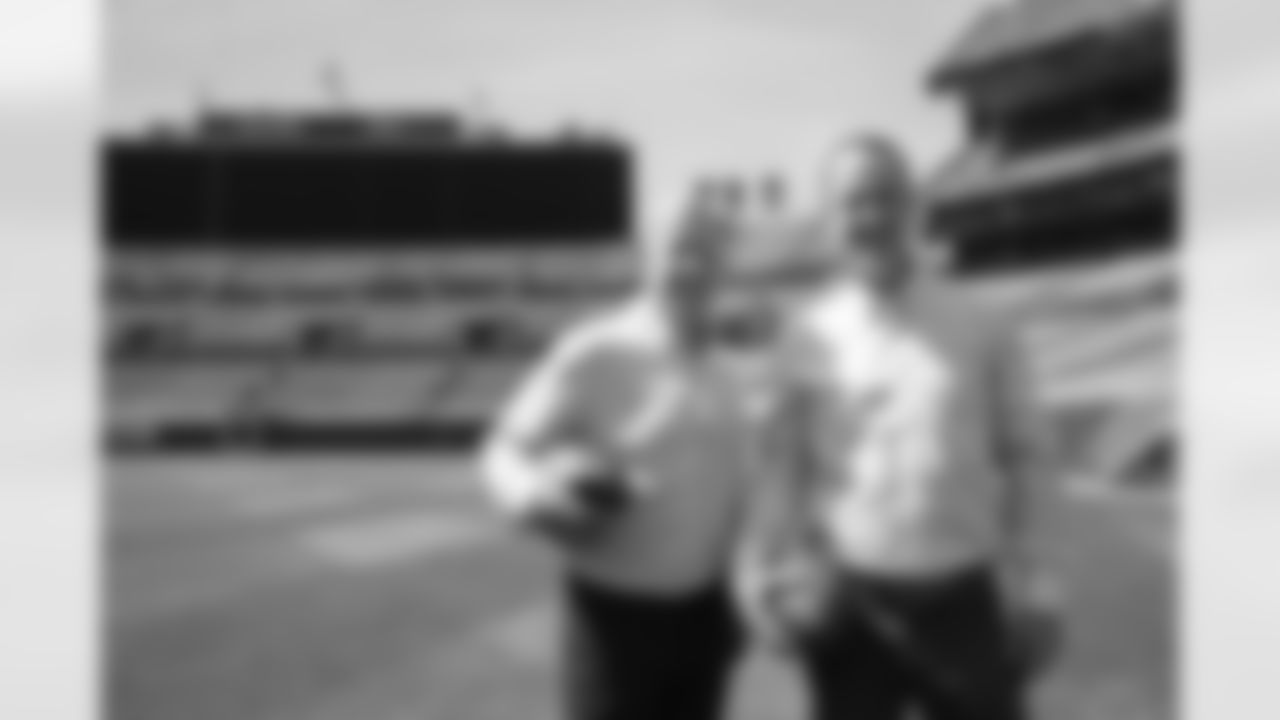 John Elway and Peyton Manning pose for a photo during the taping of an episode of Peyton's Places at Empower Field at Mile High on June 26, 2020. (Photo by Ben Swanson)