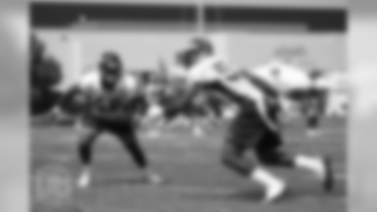 Outside linebacker Shaquil Barrett (48) and inside linebacker Jerrol Garcia-Williams (52) during a practice at UCHealth Training Center on Aug. 13, 2018.