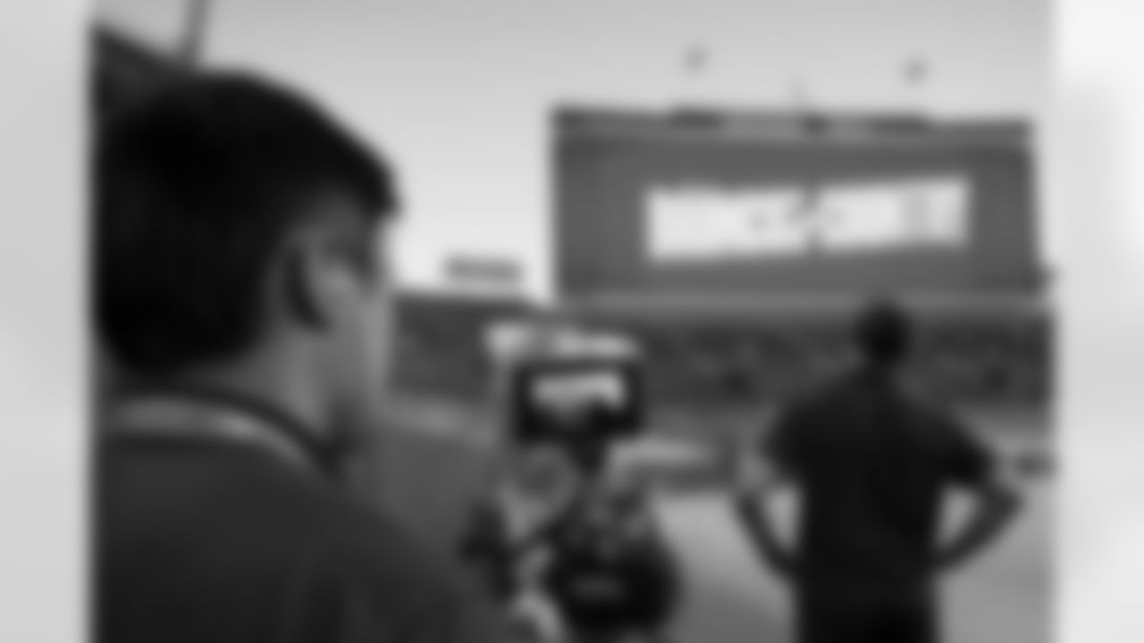 Steve Atwater and Miles the mascot act for a video unveiling the upgraded scoreboard at Empower Field at Mile High on August 21, 2023 in Denver, Colorado. Photo by Ben Swanson / Denver Broncos