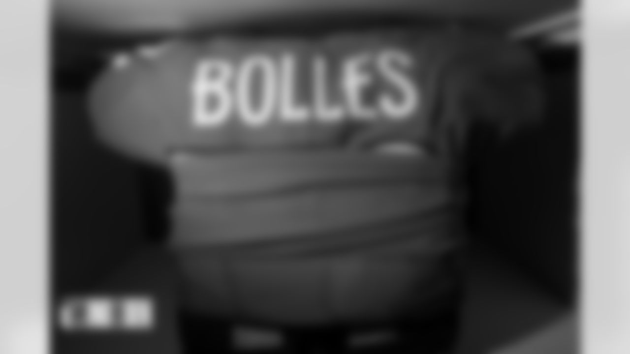 Garett Bolles's jersey in the locker room before the Broncos' Week 5 game against the Indianapolis Colts at Empower Field at Mile High in Denver, Colorado on October 6, 2022. (Photo by Ben Swanson)