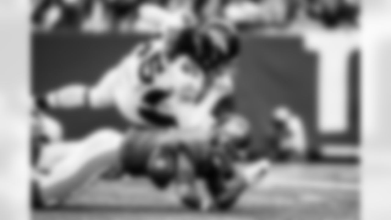 Denver Broncos linebacker Alexander Johnson (45) forces a fumble during the NFL game against the New York Giants on Sunday, September 12, 2021 at MetLife Stadium in East Rutherford, New Jersey.
Photo by Joe Faraoni