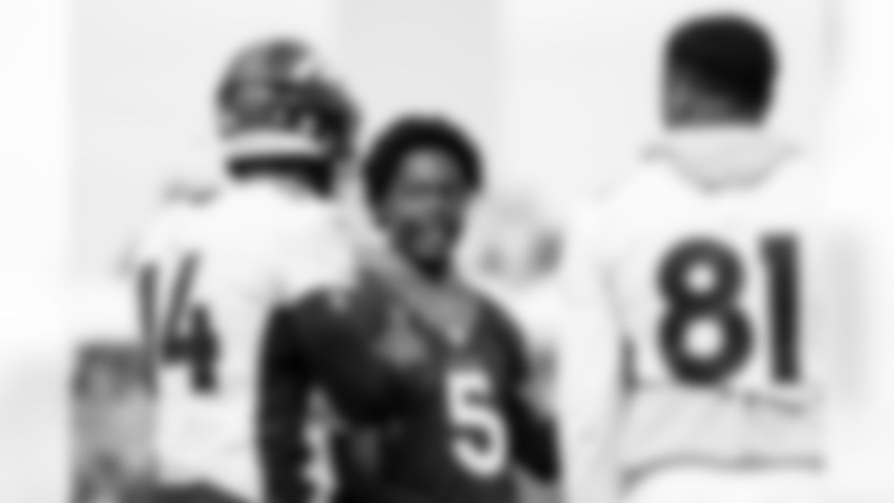 Courtland Sutton, Teddy Bridgewater and Tim Patrick during practice on Day 17 of training camp at UCHealth Training Center on August 19, 2021. (Photo by Ben Swanson)