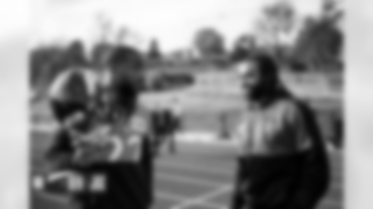 Kareem Jackson and Iliess Macani, a player for the London Broncos rugby team, after practice at Harrow School just outside London, England in the United Kingdom on October 28, 2022. (Photo by Ben Swanson)