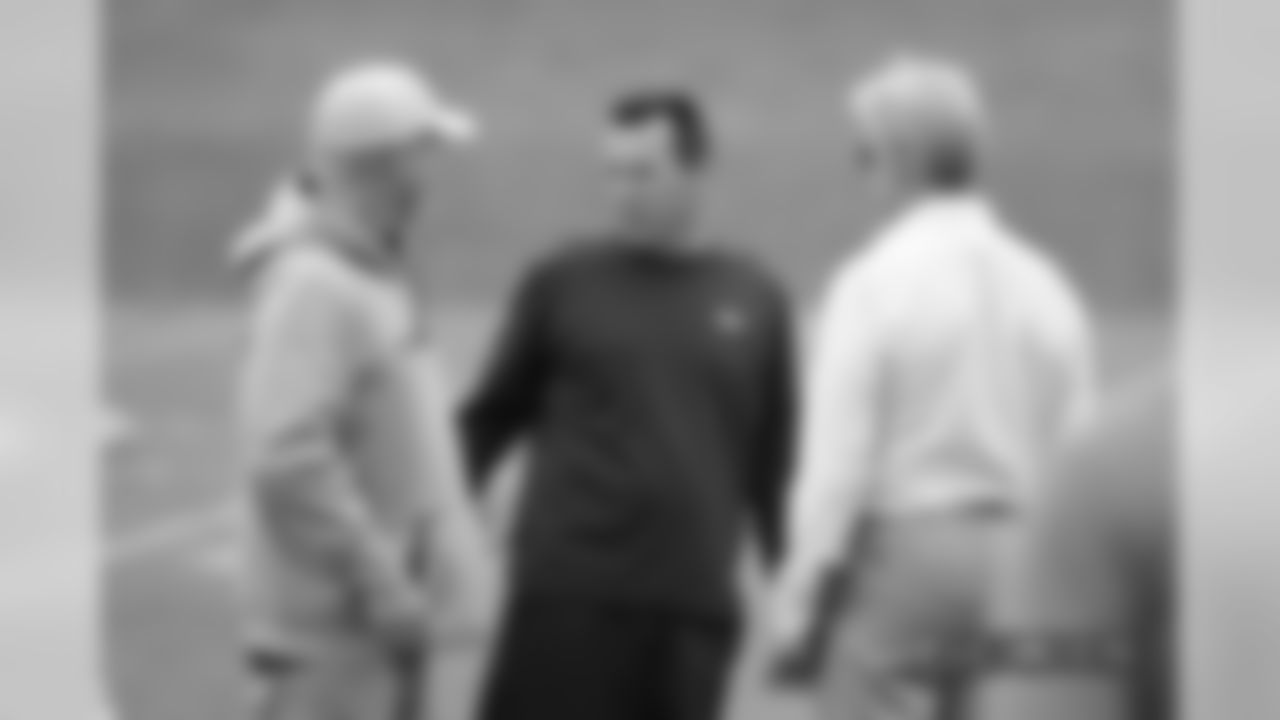 Director of Player Personnel Matt Russell, Senior Personnel Advisor Gary Kubiak and President of Football Operations/General Manager John Elway during practice at UCHealth Training Center on September 5, 2018.