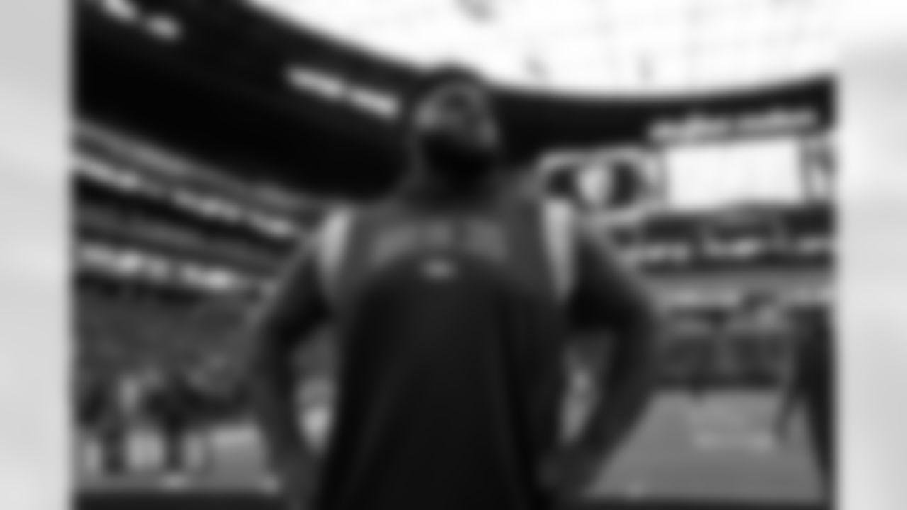 D.J. Jones before the Broncos' Week 4 game against the Las Vegas Raiders at Allegiant Stadium in Las Vegas, Nevada on October 2, 2022. (Photo by Ben Swanson)