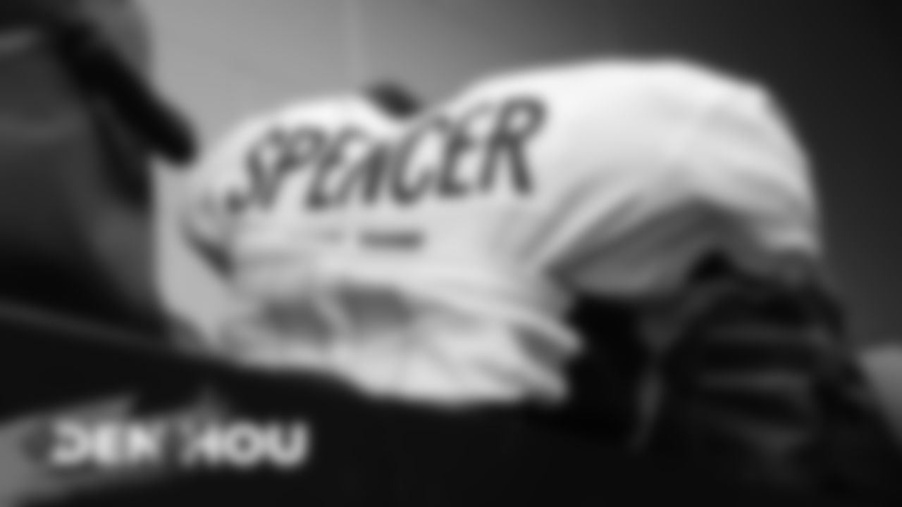 Diontae Spencer's jersey in the locker room before the Broncos' Week 14 game against the Houston Texans at NRG Stadium on December 8, 2019. (Photo by Ben Swanson)