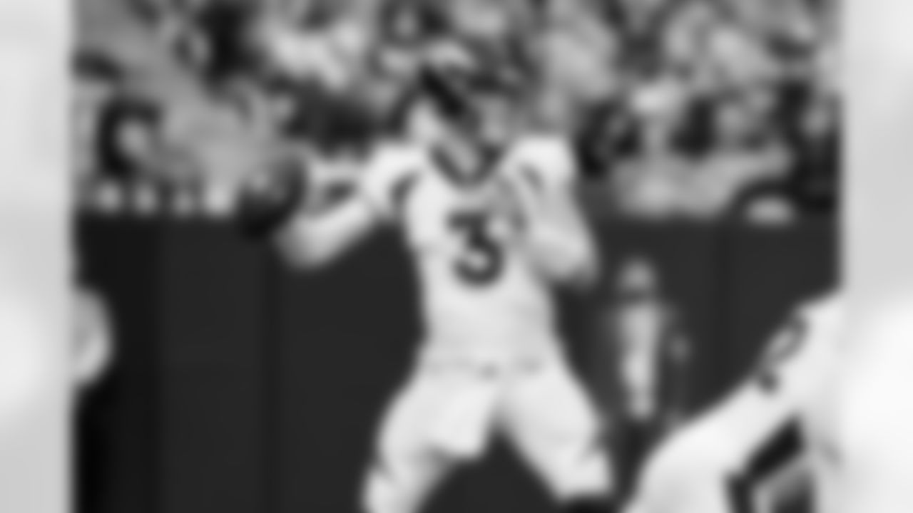 Drew Lock during the Broncos' Week 16 game against the Las Vegas Raiders at Allegiant Stadium in Las Vegas, Nevada on December 26, 2021. (Photo by David Dermer)