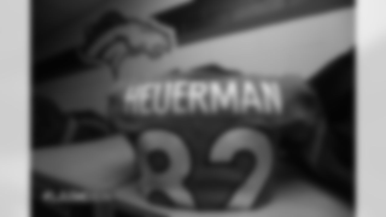 Jeff Heuerman's jersey in the locker room pregame before the Broncos' Week 6 game against the Los Angeles Rams at Broncos Stadium at Mile High on October 14, 2018.