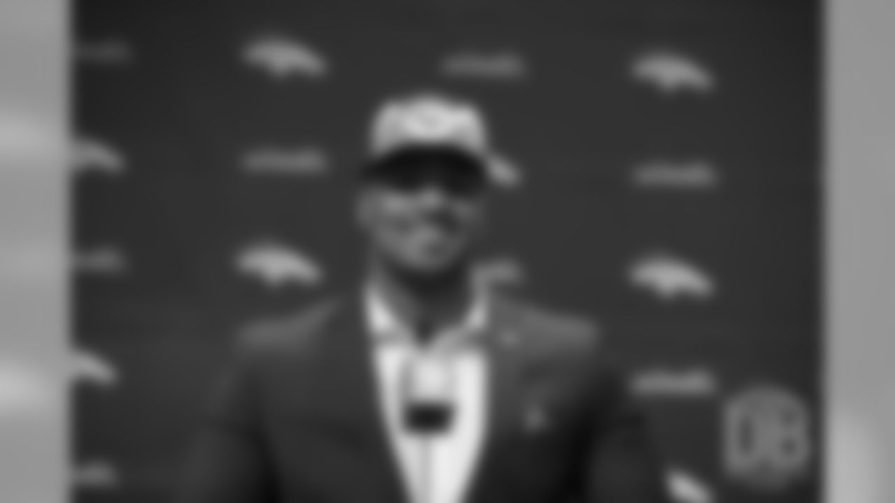 Dre'Mont Jones answers questions from the media during the arrival tour for Day 2 picks at UCHealth Training Center on April 27, 2019 after the Broncos drafted them in the 2019 NFL Draft.