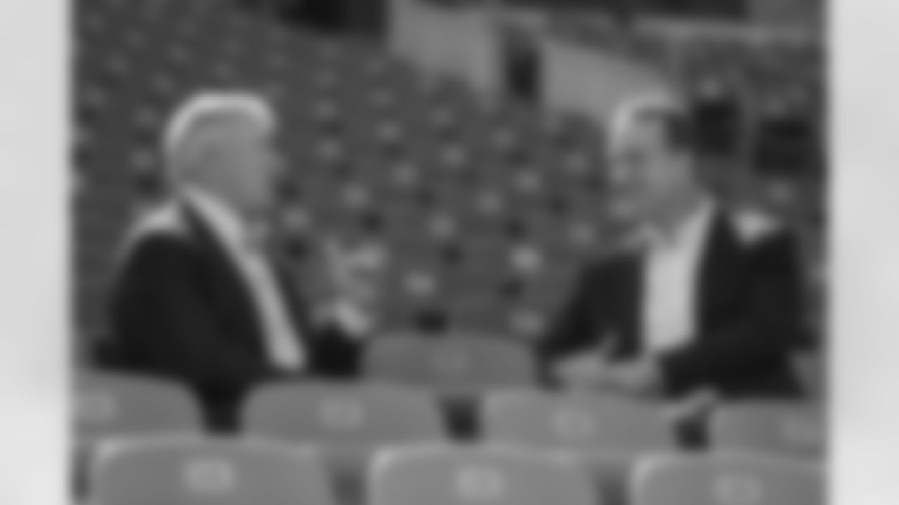 John Elway sits down with Peyton Manning for an interview in the stands during the taping of an episode of Peyton's Places at Empower Field at Mile High on June 26, 2020. (Photo by Ben Swanson)