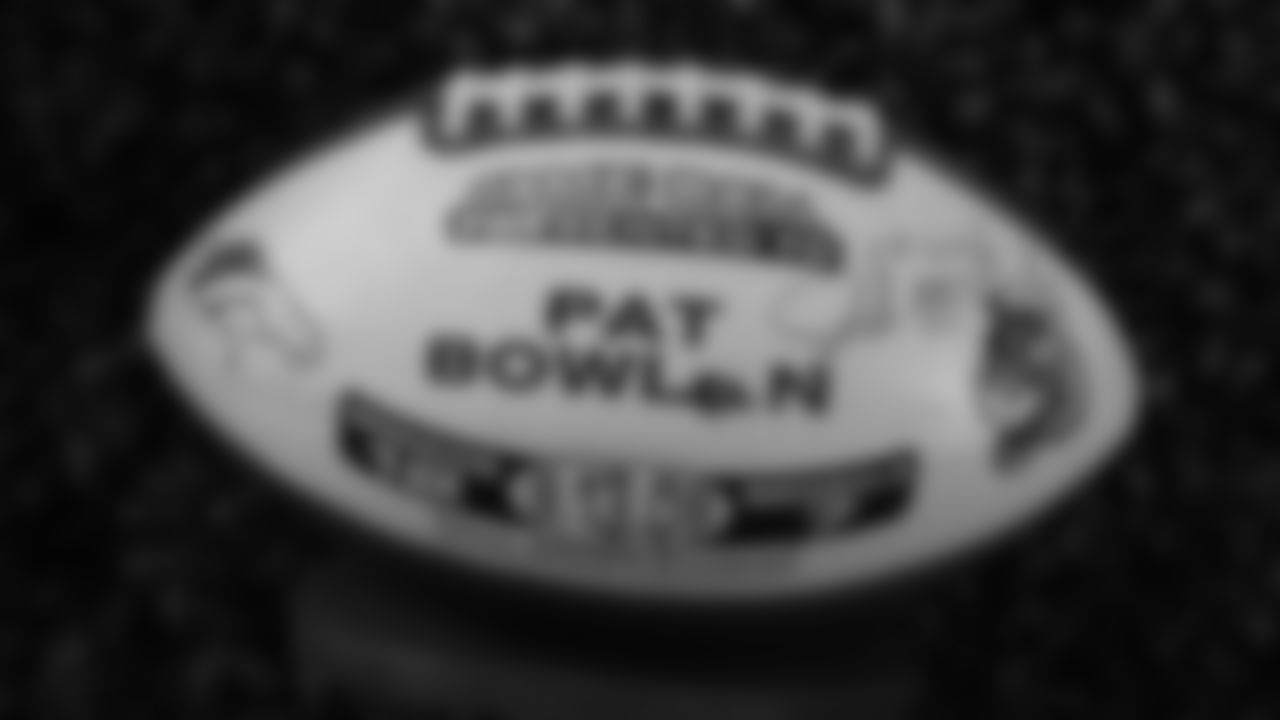 Mr. Bowlen's game ball from the Broncos' September 13, 2009, victory over the Bengals is featured in a display at the open-house tribute to Pat Bowlen at Broncos Stadium at Mile High on June 18, 2019.