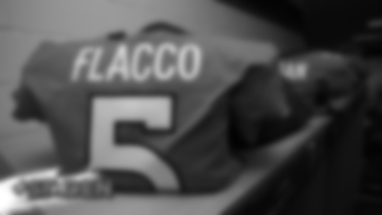 Joe Flacco's jersey inside the locker room before the Broncos' preseason game against the San Francisco 49ers on August 19, 2019 at Broncos Stadium at Mile High in Denver, Colorado.