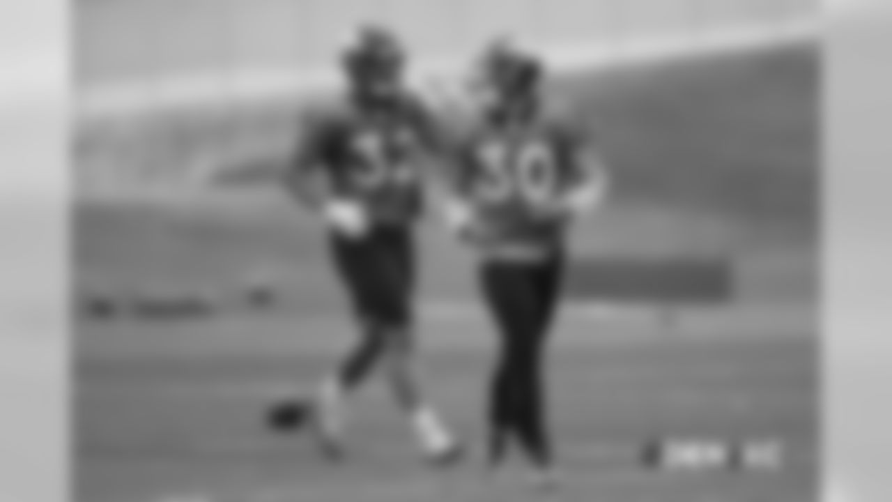 Andy Janovich and Phillip Lindsay during practice at UCHealth Training Center in Centennial, CO, October 24, 2018.
Photo by Gabriel Christus