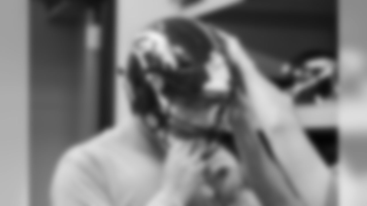 Tight end Troy Fumagalli tries on a helmet at UCHealth Training Center.
Photo: Ryan Young