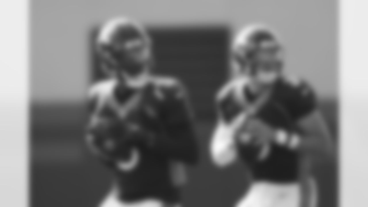 Teddy Bridgewater and Drew Lock during Training Camp on Wednesday, August 18, 2021 at UCHealth Training Center in Englewood, Colorado.
Photo by Gabriel Christus
