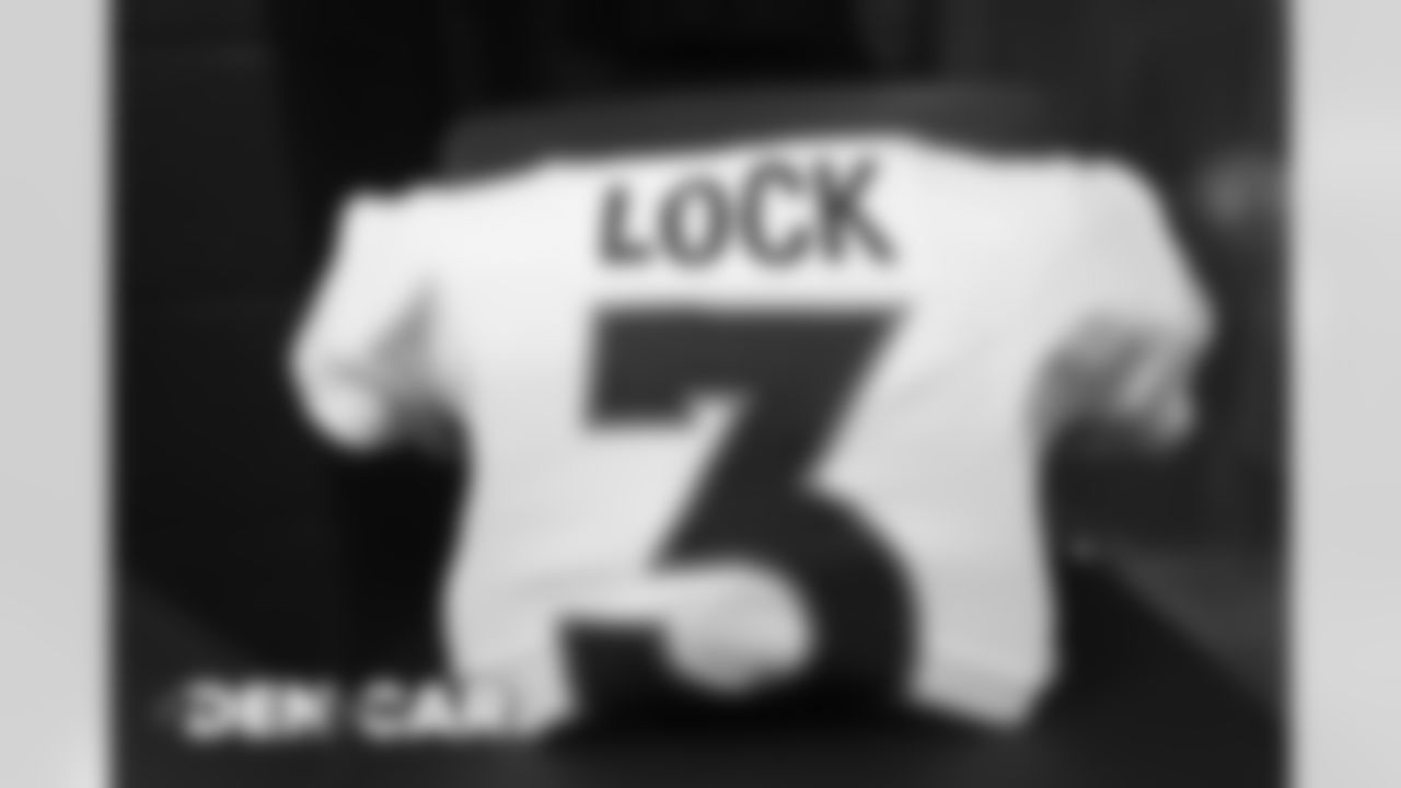 Drew Lock's jersey in the locker room before the Broncos' Week 14 game against the Carolina Panthers at Bank of America Stadium in Charlotte, North Carolina. (Photo by Gabriel Christus)