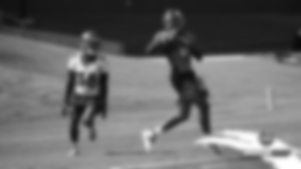 Courtland Sutton backs his way into the end zone at practice on the 18th day of training camp on August 15, 2019.