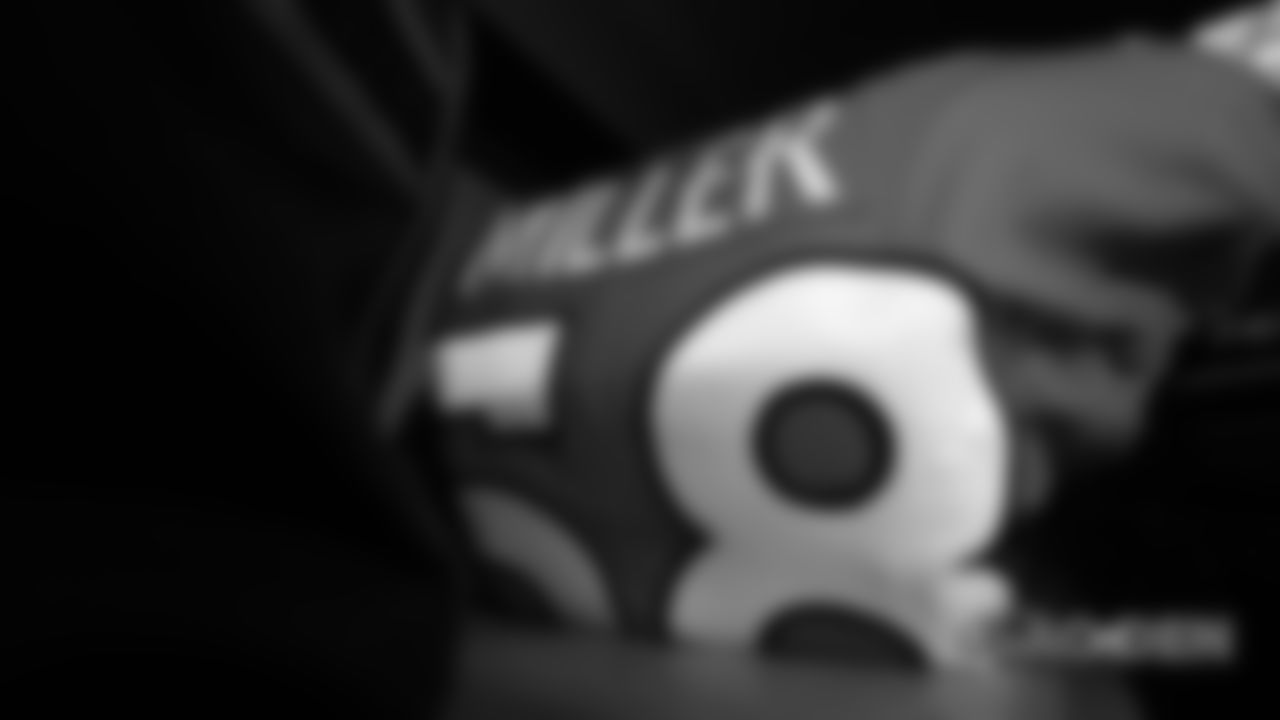 Von Miller's jersey in the locker room before the Broncos' Week 17 game against the Los Angeles Chargers at Broncos Stadium at Mile High on December 30, 2018.