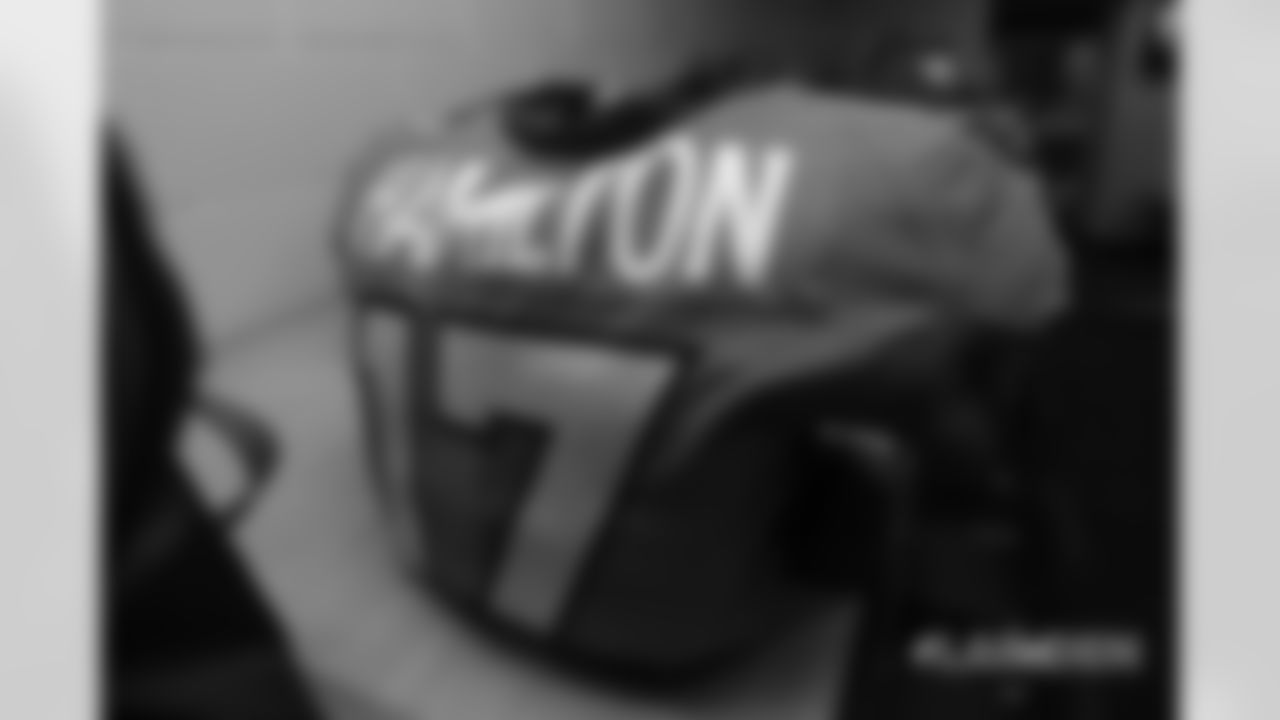 DaeSean Hamilton's jersey in the locker room pregame before the Broncos' Week 6 game against the Los Angeles Rams at Broncos Stadium at Mile High on October 14, 2018.
