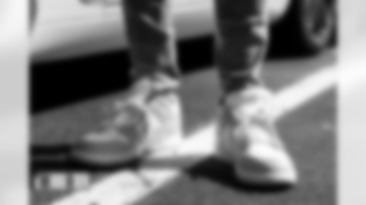 Justin Simmons' shoes during player arrivals before the Broncos' Week 2 game against the Houston Texans at Empower Field at Mile High in Denver, Colorado on September 18, 2022. (Photo by Ben Swanson)