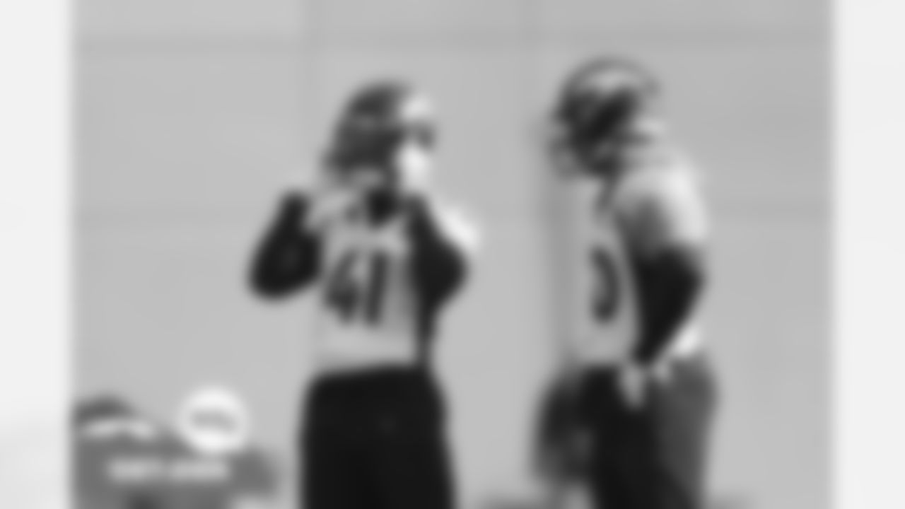 Kenny Young and Justin Strnad during practice on Thursday, December 9, 2021 at UCHealth Training Center in Englewood, Colorado.
Photo by Gabriel Christus