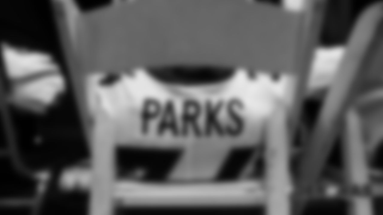 Will Parks' jersey and pads in a chair in the locker room pregame before the Broncos' preseason game against the Washington Redskins at FedExField on August 24, 2018.