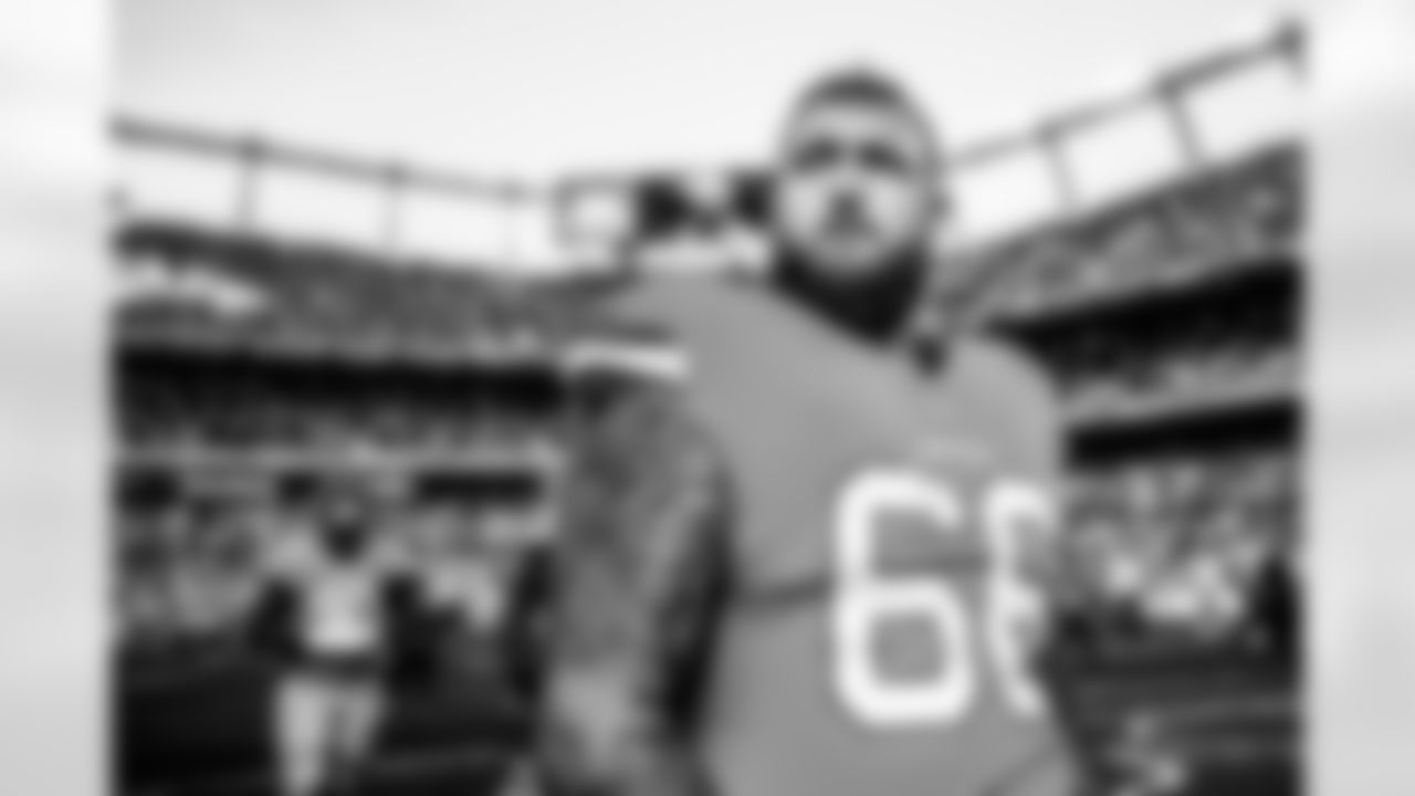 Dalton Risner before the Broncos' Week 10 game against the Philadelphia Eagles at Empower Field at Mile High in Denver, Colorado on November 14, 2021. (Photo by Ben Swanson)