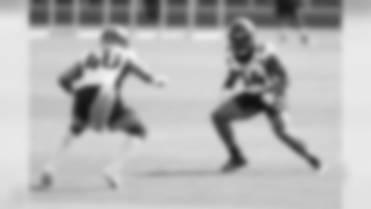 Justin Strnad and Josh Watson during practice at UCHealth Training Center in Centennial, CO, August 10, 2020.
Photo by Gabriel Christus