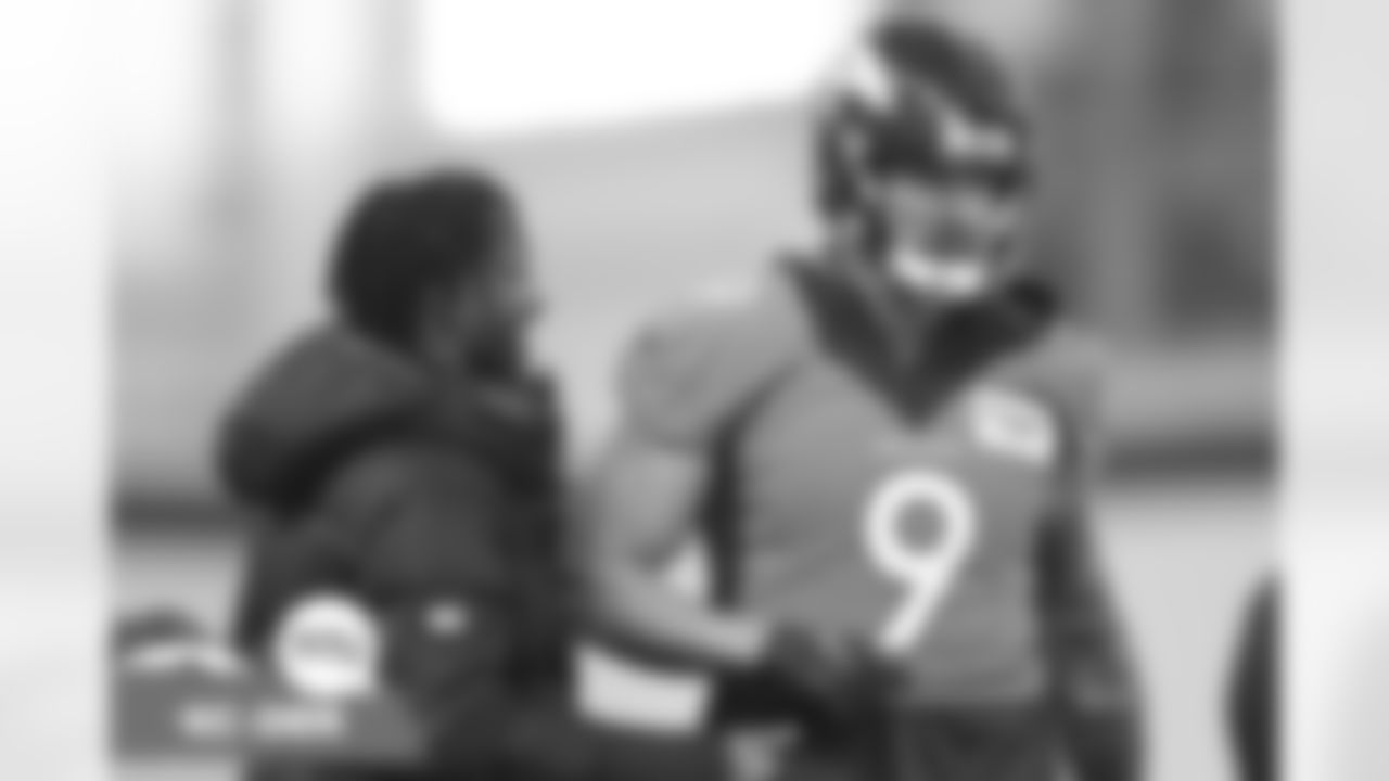 KJ Hamler Eric Saubert during practice on Thursday, January 6, 2022 at UCHealth Training Center in Englewood, Colorado.