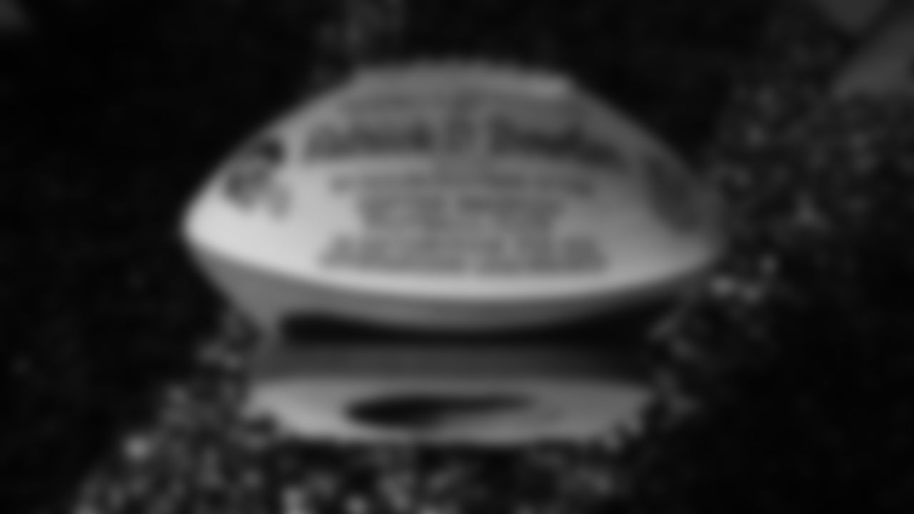 A game ball from the Broncos' September 27, 2009, victory over the Raiders is featured in a display at the open-house tribute to Pat Bowlen at Broncos Stadium at Mile High on June 18, 2019.