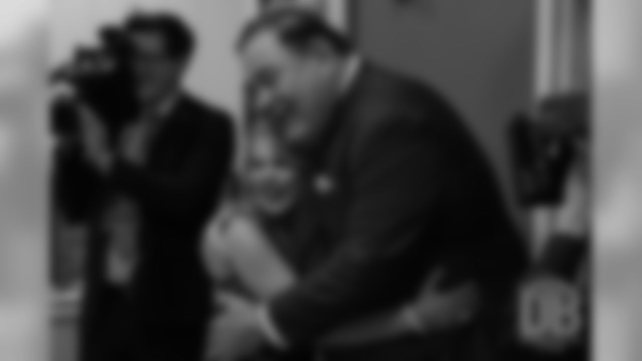 Christianna Bowlen hugs David Baker after he gave the news that Pat Bowlen was elected for enshrinement in the Pro Football Hall of Fame's Class of 2019 on February 2, 2019.