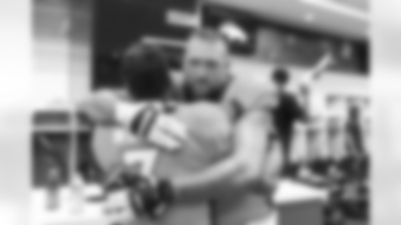 Russell Wilson and Dalton Risner in the locker room after the NFL game against the Houston Texans on Sunday, September 18, 2022 at Empower Field at Mile High in Denver, Colorado.
Photo by Gabriel Christus/Denver Broncos