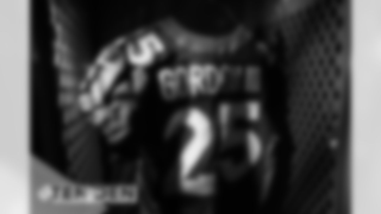 Melvin Gordon III's jersey during a photoshoot of select players' blue alternate jerseys on September 11, 2020. (Photo by Ben Swanson)