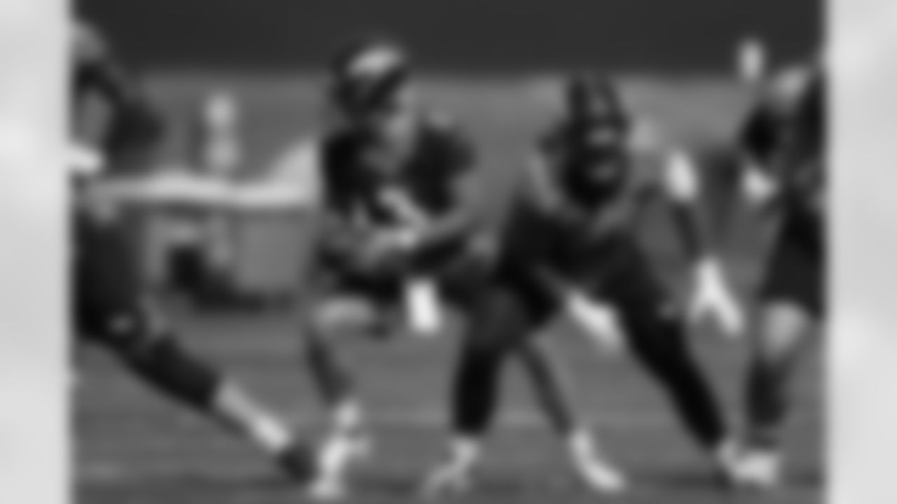 Drew Lock and Austin Schlottmann during training camp at UCHealth Training Center in Centennial, CO, August 19, 2020.
Photo by Gabriel Christus