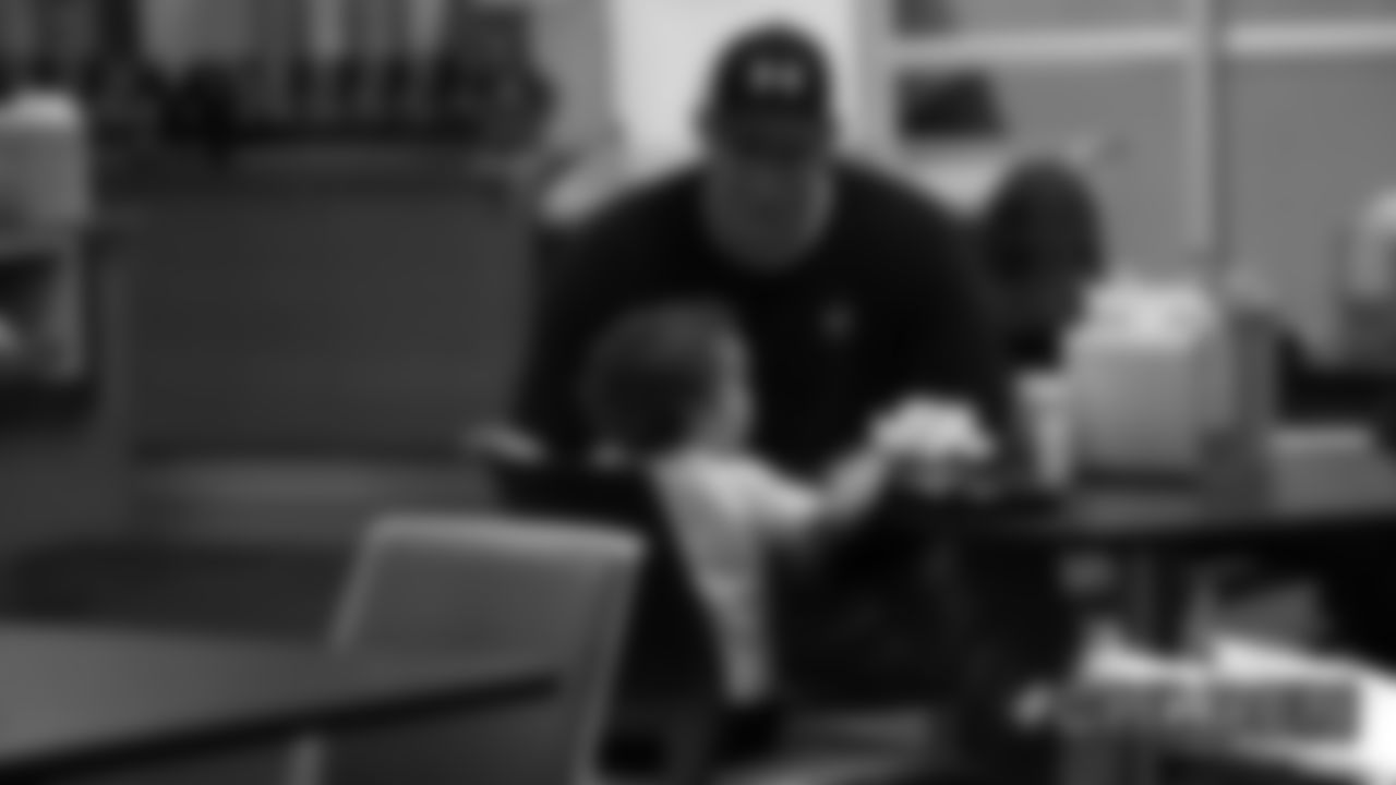 Garett Bolles and his son during a family breakfast at UCHealth Training Center on September 14, 2019. (Photo by Emily Simanskis)