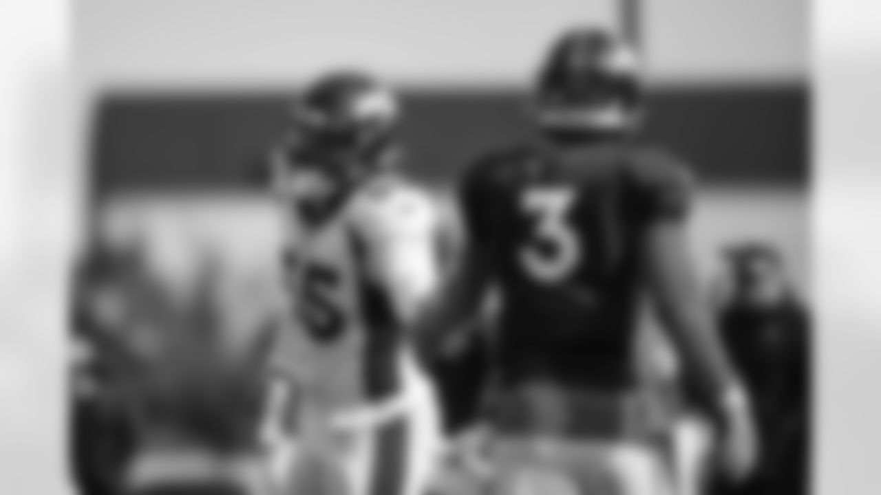 Bradley Chubb and Drew Lock during practice on Day 11 of training camp at UCHealth Training Center on August 28, 2020. (Photo by Ben Swanson)