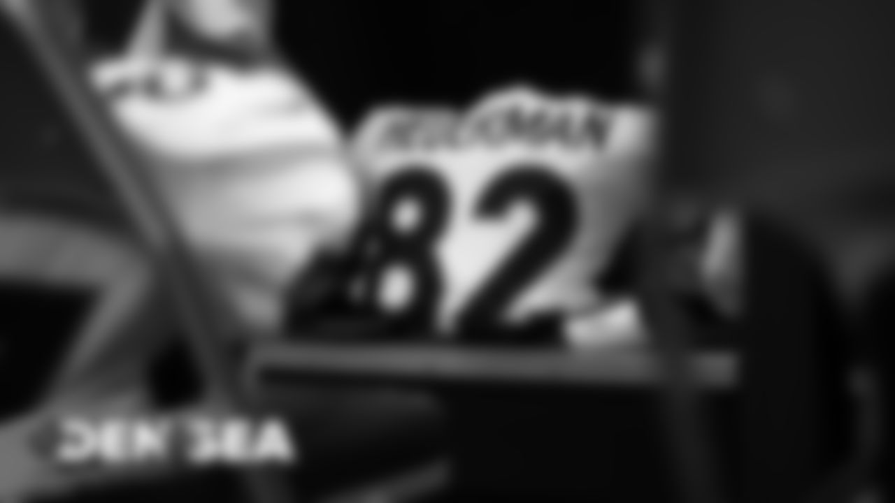 Jeff Heuerman's jersey in the visiting locker room for the Broncos' preseason game against the Seattle Seahawks at CenturyLink Field on August 8, 2019.