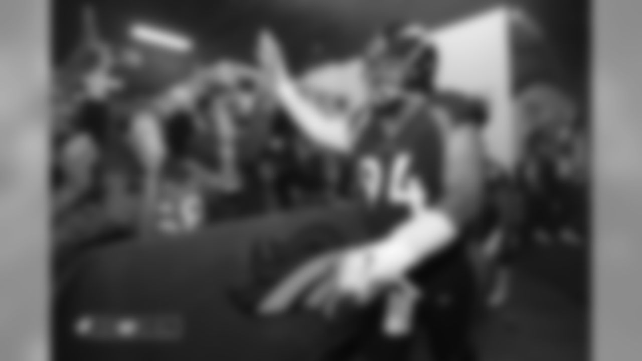 Domata Peko Sr. in the tunnel during player introductions before the game against the Kansas City Chiefs at Broncos Stadium at Mile High on October 1, 2018.
