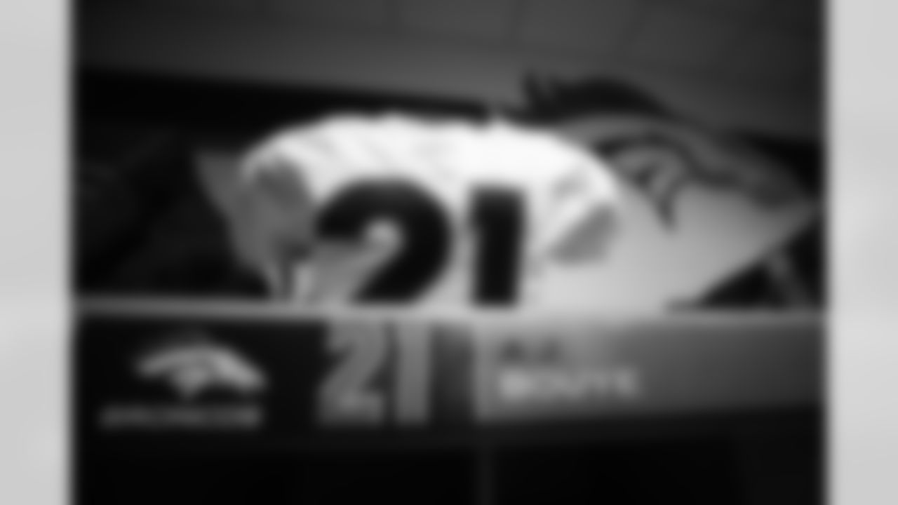 A.J. Bouye's jersey in the locker room before on Day 12 of training camp at Empower Field at Mile High on August 29, 2020. (Photo by Ben Swanson)