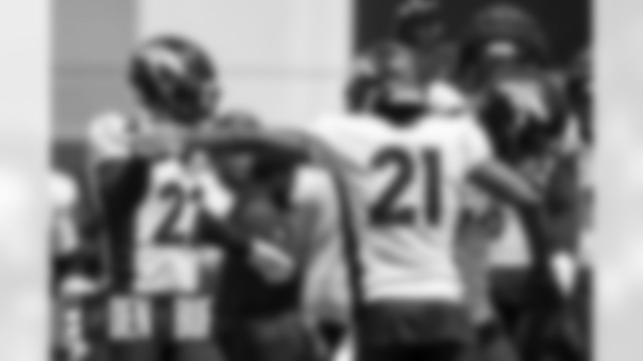 Kareem Jackson and K'Waun Williams at practice at UCHealth Training Center in Englewood, Colorado on August 15, 2022. (Photo by Ben Swanson)