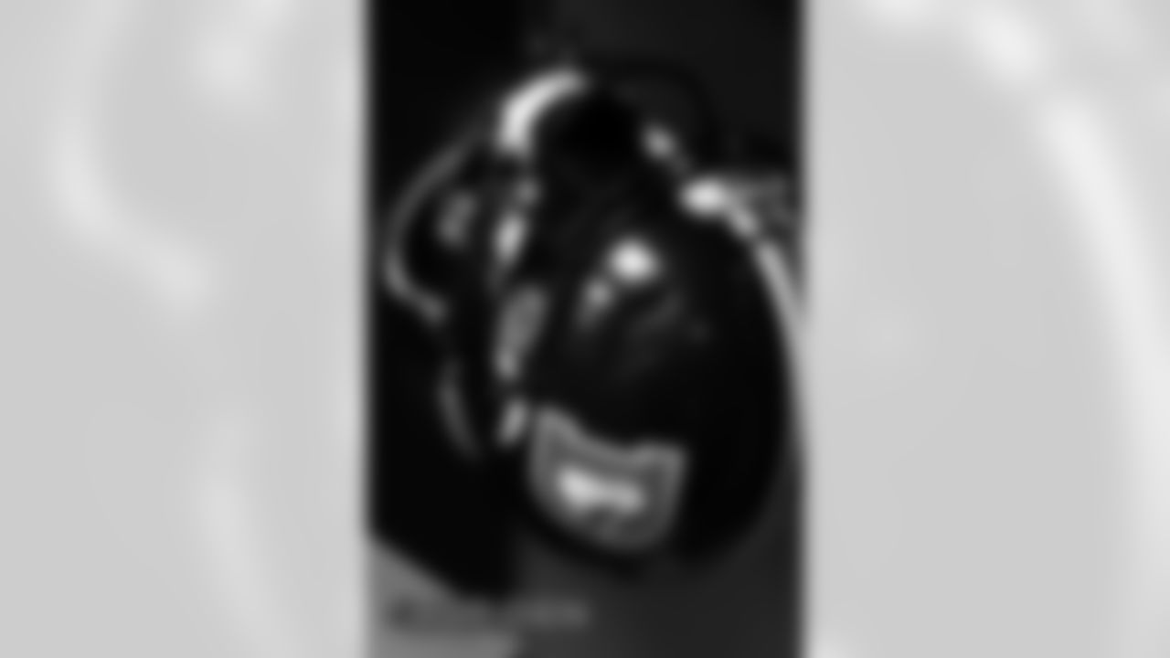 A helmet in the locker room before the Broncos' Week 15 game against the Buffalo Bills at Empower Field at Mile High in Denver, Colorado on December 19, 2020. (Photo by Joe Abdellah)
