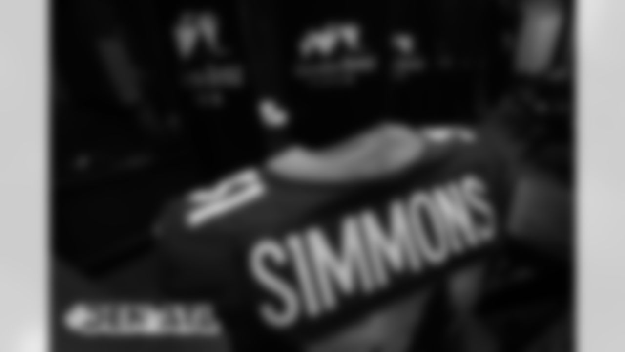 Justin Simmons's jersey in the locker room before the Broncos' Week 9 game against the Atlanta Falcons at Mercedes-Benz Stadium in Atlanta, Georgia. (Photo by Gabriel Christus)