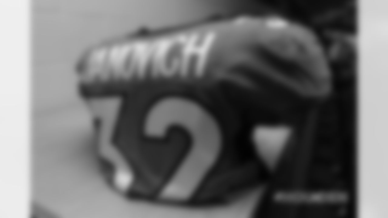 Andy Janovich's jersey in the locker room pregame before the Broncos' Week 9 game against the Houston Texans at Broncos Stadium at Mile High on November 4, 2018.