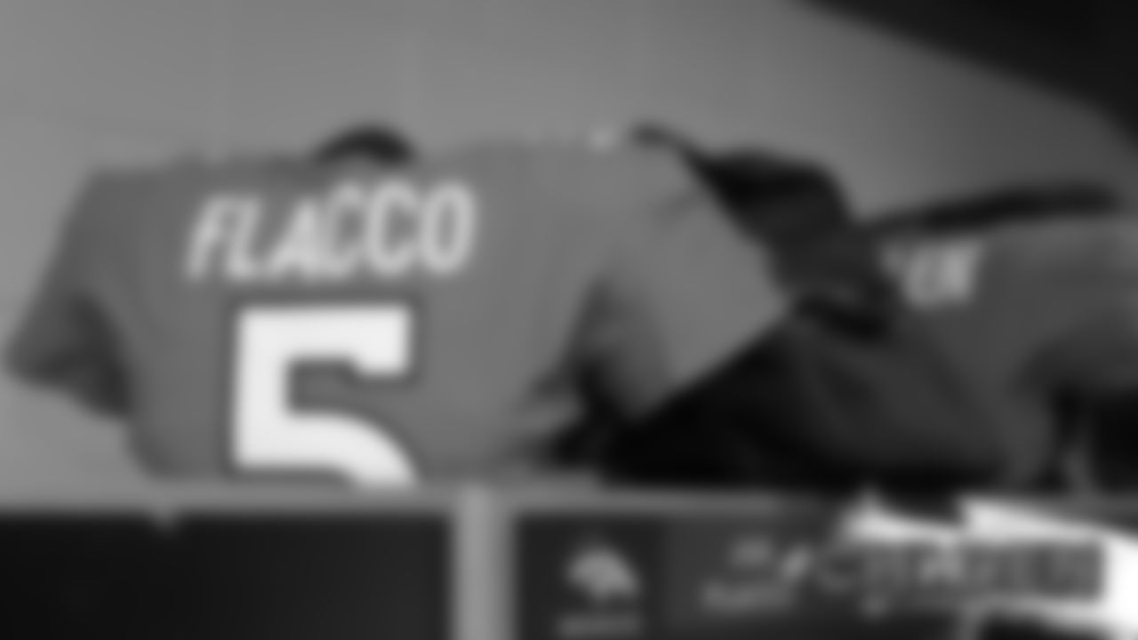 Joe Flacco's jersey inside the locker room before the Broncos' Week 2 game against the Chicago Bears on September 15, 2019 at Empower Field at Mile High. (Photo by Ben Swanson)