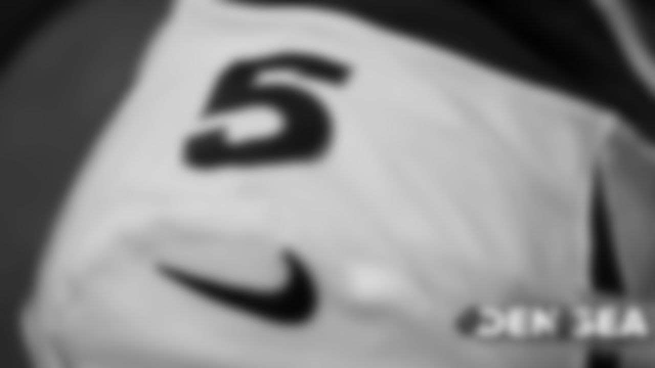 Joe Flacco's jersey in the visiting locker room for the Broncos' preseason game against the Seattle Seahawks at CenturyLink Field on August 8, 2019.