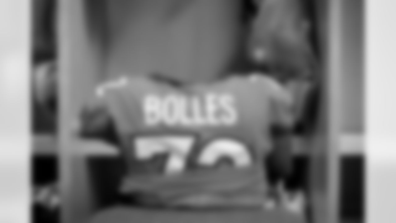 Garett Bolles's jersey in the locker room before the Broncos' Week 4 game against the Baltimore Ravens on October 3, 2021 at Empower Field at Mile High in Denver, Colorado. (Photo by Ben Swanson)
