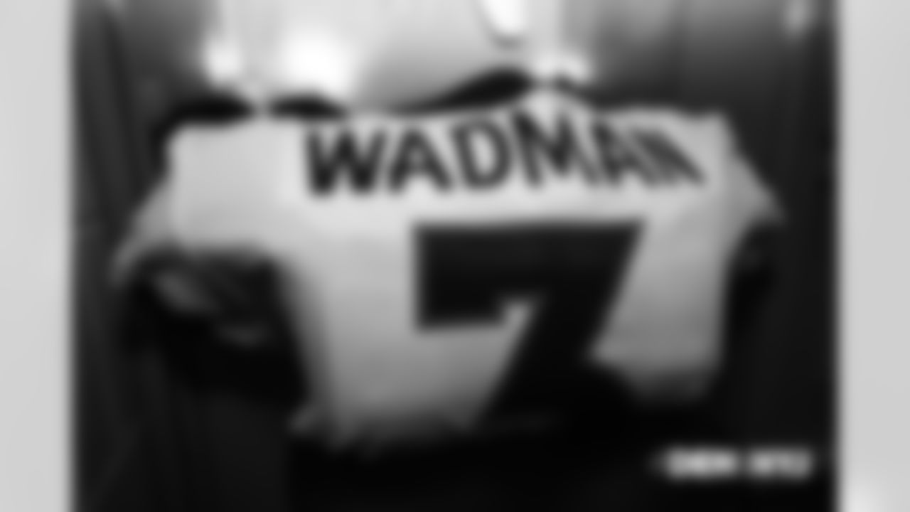 Colby Wadman's jersey in the locker room pregame before the Broncos' Week 5 game against the New York Jets at MetLife Stadium on October 7, 2018.