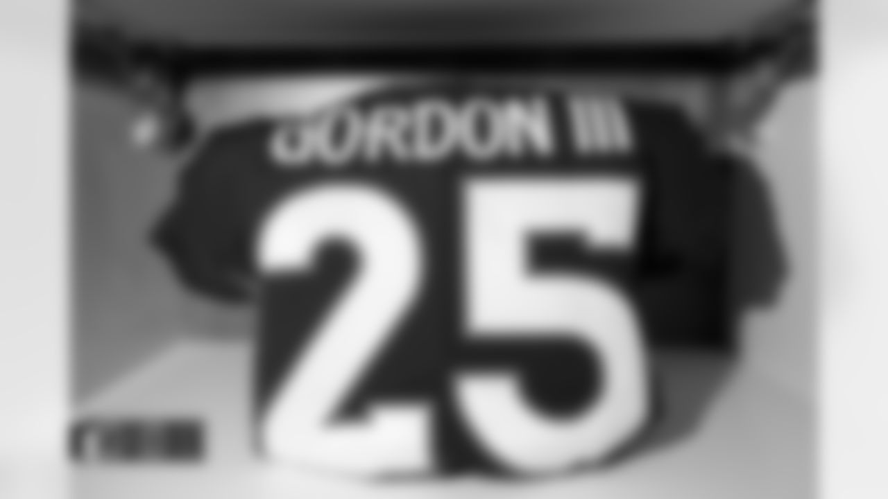 Melvin Gordon III's jersey in the locker room before the Broncos' Week 3 game against the San Francisco 49ers at Empower Field at Mile High in Denver, Colorado on September 25, 2022. (Photo by Ben Swanson)